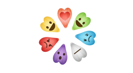 Vibrant circle of diverse heart emotions, from joy to sadness, representing feelings