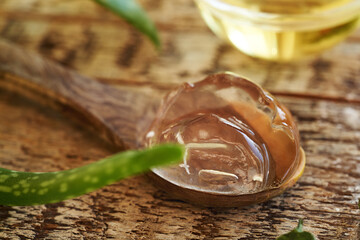Clear aloe vera gel on a wooden spoon with fresh aloe vera leaves