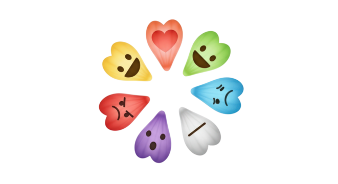 Vibrant circle of diverse heart emotions, from joy to sadness, representing feelings