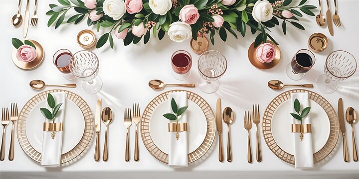 Elegant table setting with flowers and gold cutlery for a special occasion