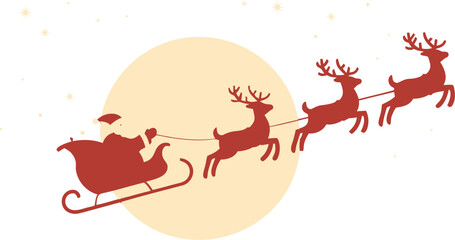 Silhouette of santa claus in a sleigh pulled by reindeer flying across a pale yellow oval background