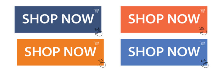 Shop now buttons set vector for online shop. Modern colorful buttons for website design. EPS 10