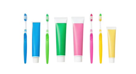 Vibrant toothbrushes and colorful toothpaste tubes ready for a fresh, clean smile and oral care routine.