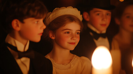 Captivating children in vintage attire illuminated by candlelight, evoking a sense of nostalgia and timeless elegance with innocent smiles and poised demeanor.