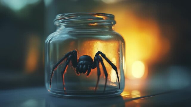 A large black spider is enclosed in a glass jar, its legs stretching against the transparent surface. The spider's intricate details are visible in the warm light surrounding the j