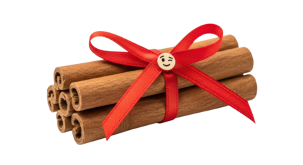 Charming cinnamon sticks tied with festive red ribbon and a cute winking emoji button, perfect for holiday baking and cozy gifting.