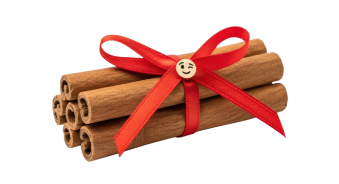 Charming cinnamon sticks tied with festive red ribbon and a cute winking emoji button, perfect for holiday baking and cozy gifting.