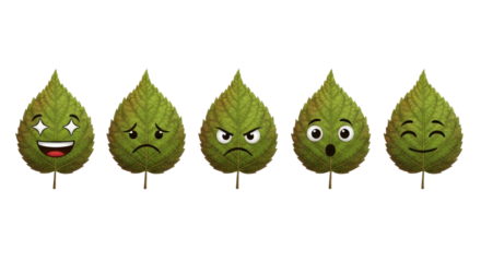 Expressive green leaves showcase diverse emotions from joy to surprise for engaging design projects