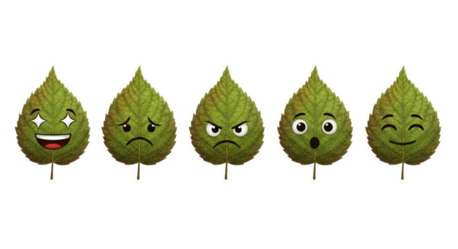 Expressive green leaves showcase diverse emotions from joy to surprise for engaging design projects