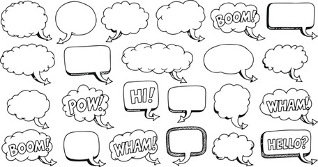 Fototapeta premium Comic Speech Bubbles Clipart Set Black and White Cartoon Dialogue Balloons Pow Wham Boom Hi on transparent background