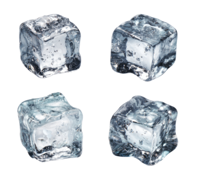 Four clear ice cubes, close-up view, arranged in a grid