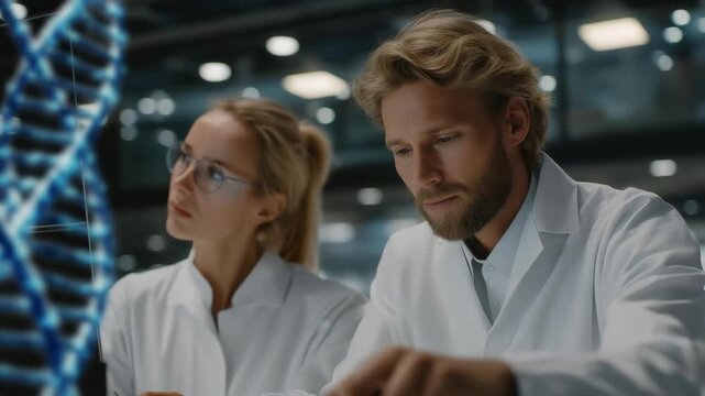 Biotechnology researchers in futuristic lab analyzing rotating holographic DNA strands on digital panels, surrounded by robotic instruments, symbolizing advanced medicine, molecular genetics, and