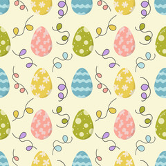 Colorful Easter Egg Seamless Pattern with Festive Decorations, Spring Holiday Background for Textiles Paper and Crafts