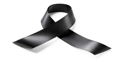Black awareness ribbon isolated on transparent background, a symbol of mourning and remembrance
