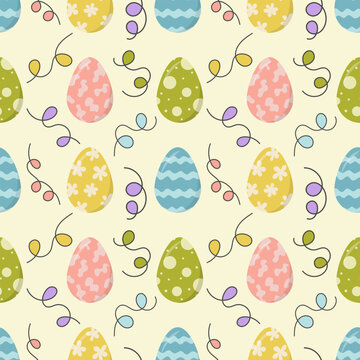 Colorful Easter Egg Seamless Pattern with Festive Decorations, Spring Holiday Background for Textiles Paper and Crafts