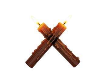 Two lit candles crossed isolated on transparent background