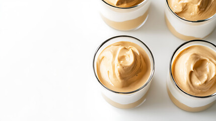 Glasses filled with layers of a light brown, creamy beverage are displayed on a bright, white surface. The drink looks delicious and tempting! Perfect for any time of day.