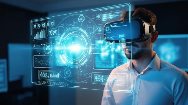 Man in VR headset interacts with futuristic holographic data interface, exploring digital world, 4k high quality - Powered by Adobe