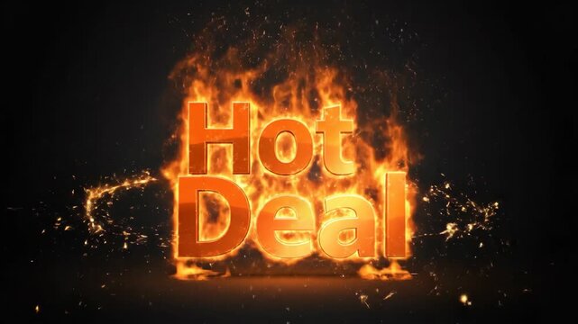 Hot deal text burning with fire and sparks on a black background, a dramatic effect for cyber monday sale announcement