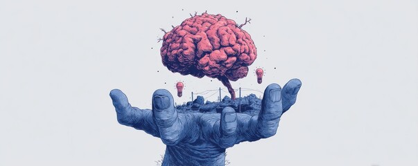 Minimalistic Conceptual Art with Hand Holding a Brain and Lightbulbs