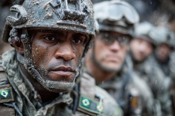 Close-up of a Brazilian soldier during intense military operation in challenging conditions