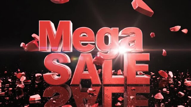 Red "mega sale" text crumbles and shatters in slow motion on a black background. Advertising for discount, shopping, and retail promotion.