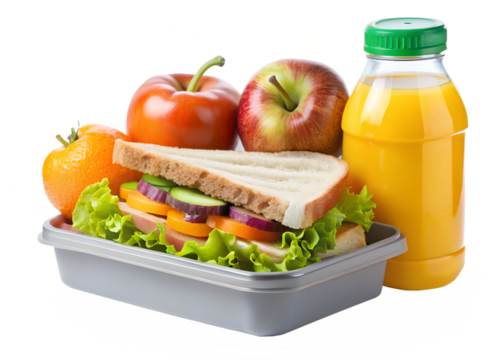 Nutritious lunchbox with sandwich, apple, and juice, isolated on transparent background, for balanced lifestyle