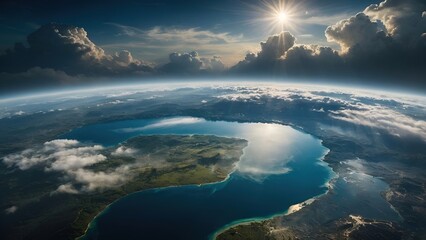 Naklejka premium aerial shot of the Earth with a curved horizon showcasing a large deep blue lake or bay surrounded by green shores under a bright sun breaking through dramatic clouds