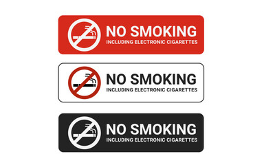 No Smoking Sign Set Vector – Collection of Prohibition Symbols with Crossed-Out Cigarette and E-Cigarette Icons, Anti-Smoking Warning Labels, Diverse Color Variations, Public Health and Safety Signage