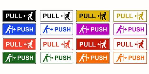 Push and Pull Door Signs Collection Vector – Colorful Instructional Signs for Entrance and Exit, Visual Guidance, Accessibility, User-Friendly Design, Public and Commercial Spaces