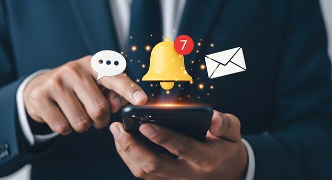 Person using a smartphone to check notifications, including messages and emails, with a glowing bell icon symbolizing alerts