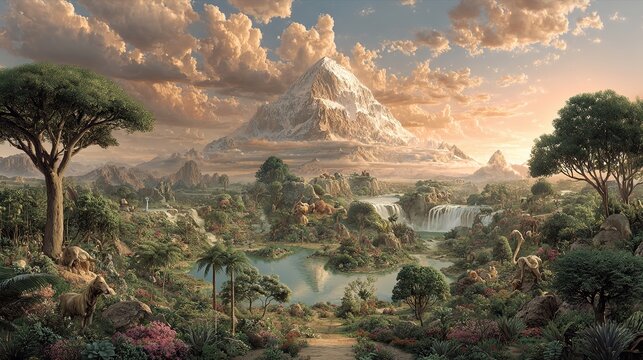 Picturesque fantasy landscape with a lush tropical valley rivers and waterfalls in the foreground topped by a giant snow-capped mountain against a backdrop of a golden dramatic sunset - Powered by Adobe