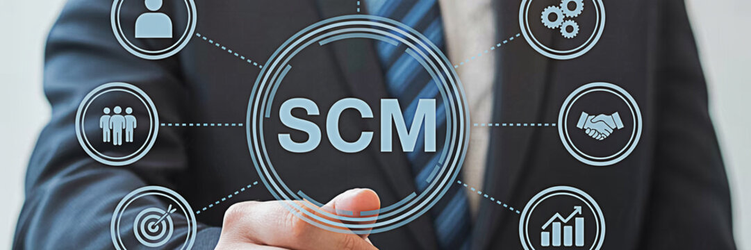 Businessman presenting supply chain management (scm) strategy with digital icons representing logistics teamwork goals partnership and growth in a corporate environment for business solutions - Powered by Adobe