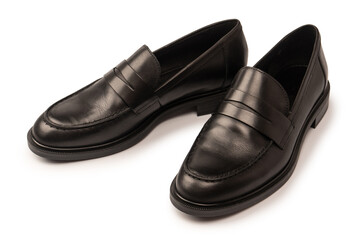 Black leather loafers isolated on white background.