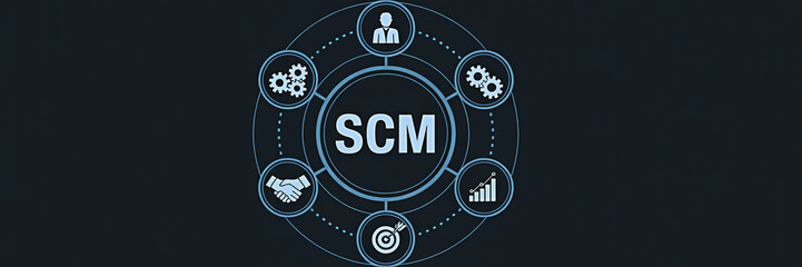 SCM supply chain management concept illustration with icons representing key processes like planning sourcing manufacturing delivery and returns on a dark background