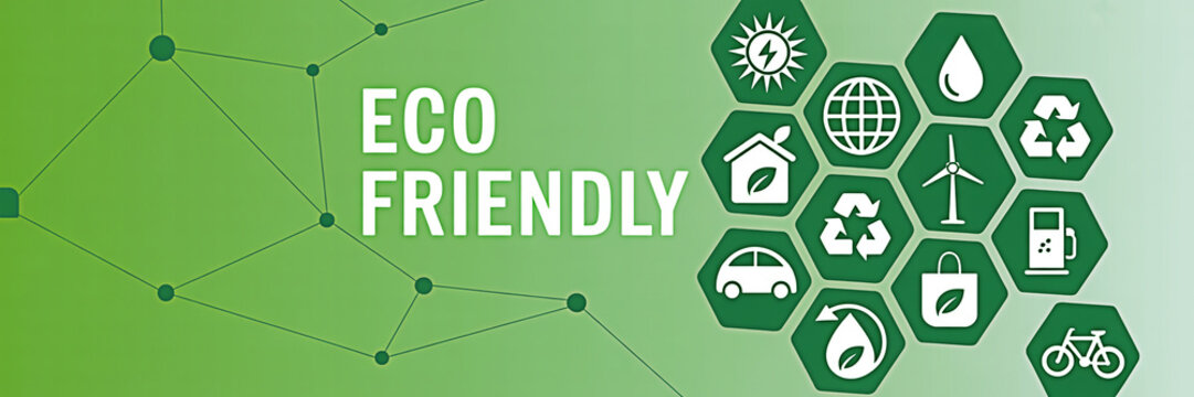 Eco friendly concept with green background featuring sustainability icons representing renewable energy recycling transportation and environmental conservation for a greener future initiative