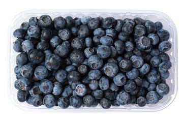 Blueberries in a plastic container isolated on a white background.