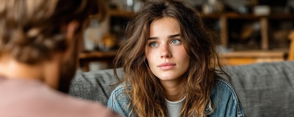 Fototapeta premium Young woman in casual setting showing thoughtful and reflective emotions
