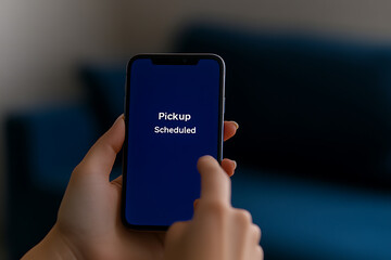A finger touches a smartphone screen displaying 'Pickup Scheduled' on a navy blue background. The hand belongs to someone indoors, with a blurry background.