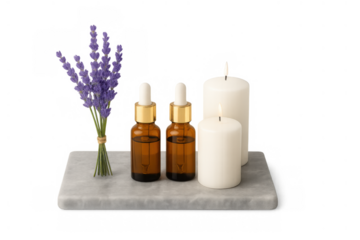 Lavender aromatherapy set with essential oil dropper bottles and burning candles on a marble tray, transparent background