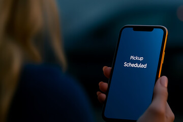 A person holds a mobile phone showing a confirmation message: 'Pickup Scheduled'. The dark blue screen stands out against the soft focus of the background and hands.