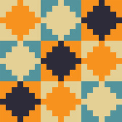 Stepped diamond pattern created from small pale yellow, gold, blue and navy squares in pale yellow, gold, teal and navy blue squares