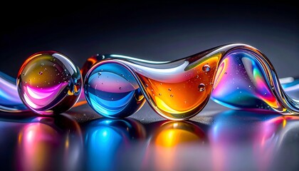 Abstract digital artwork featuring fluid glass forms with vibrant iridescent colors and reflections