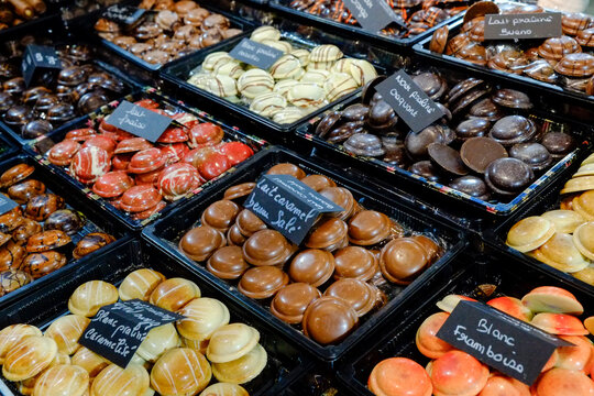 Paris, France, Europe. Chocolates on display at a Parisian chocolatier.