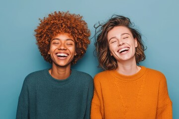 Two diverse friends share genuine laughter against vibrant blue background, capturing authentic joy and friendship
