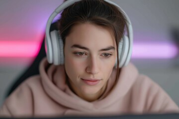 Relaxed female gamer in white headphones listens and streams, embodying calm focus and modern gaming lifestyle aesthetics​


