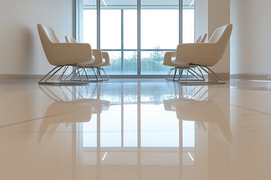 Waiting area with modern chairs and a large window offers a serene space with ample natural light, creating a welcoming and bright environment. Serene waiting zone.