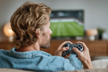 Man blue shirt holding gaming controller playing football game indoor

