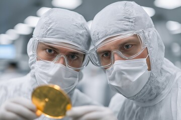 Two semiconductor technicians white suits goggles laboratory equipment

