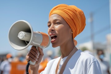 Powerful woman in orange headscarf amplifies voice through megaphone, representing activism, leadership, and public communication​


